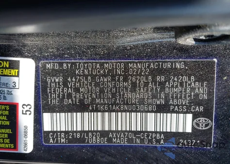 2022 Toyota Camry Xse from USA, damaged, VIN 4T1K61AK8NU030680